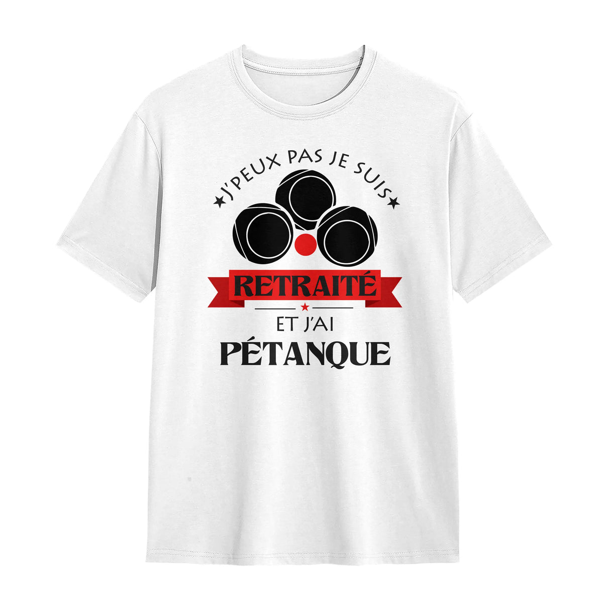 T-shirt pétanque retraité blanc avec slogan Retraité typographie noire et bannière rouge