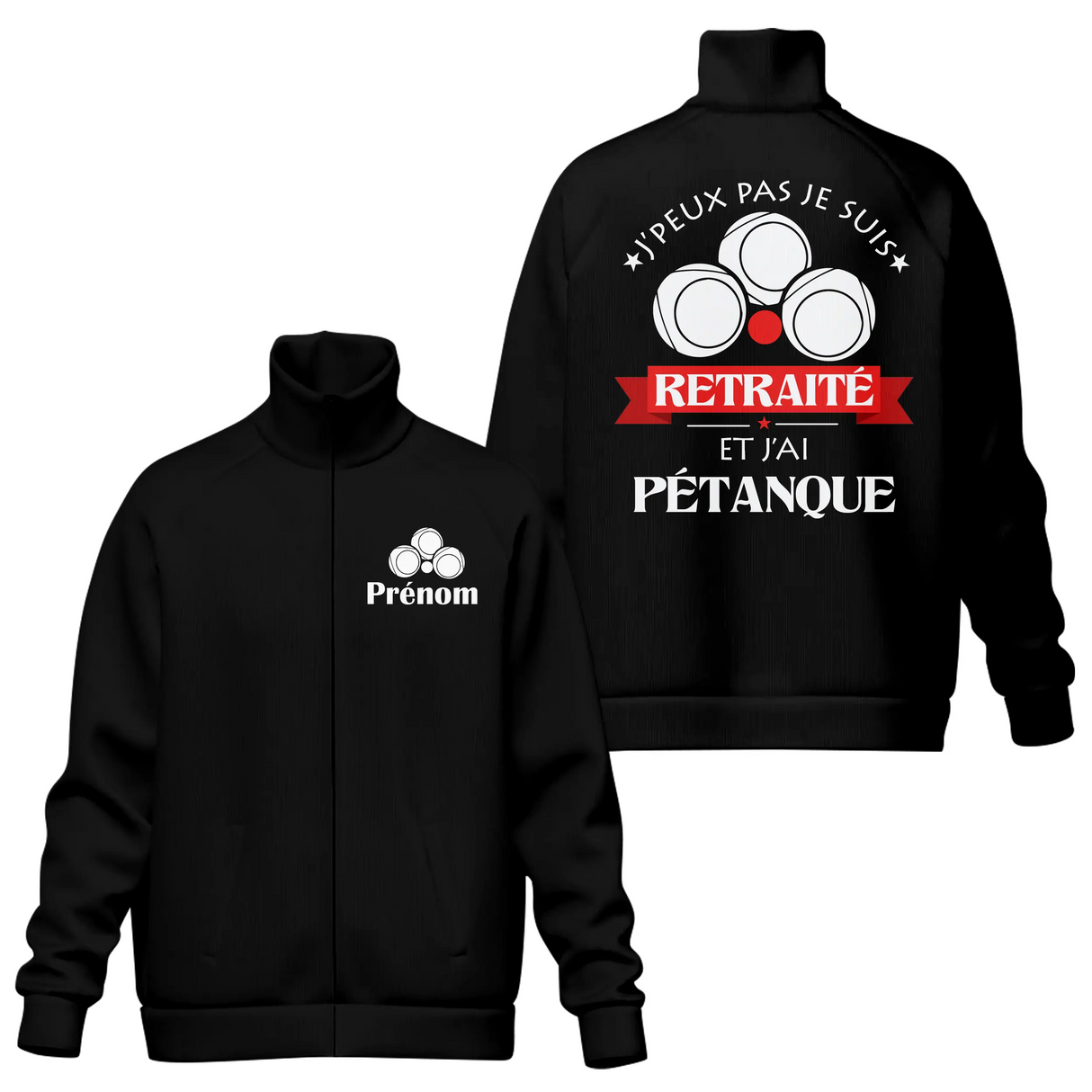 Veste col montant pétanque retraité noire avec slogan Retraité bannière rouge typographie blanche