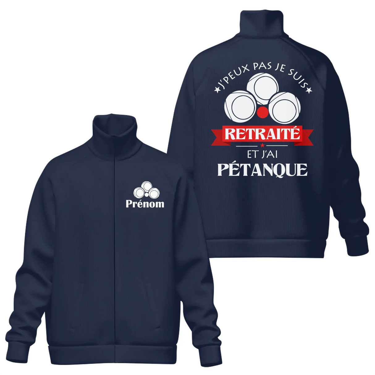 Veste col montant pétanque retraité bleu marine avec slogan Retraité bannière rouge boules