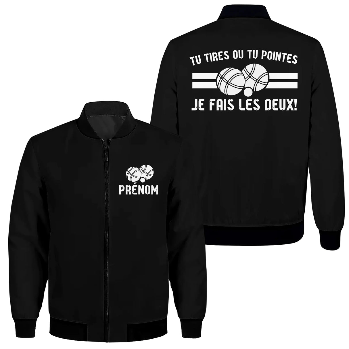 Veste zippée pétanque noire avec slogan dilemme bouliste tireur pointeur boules stylisées blanches
