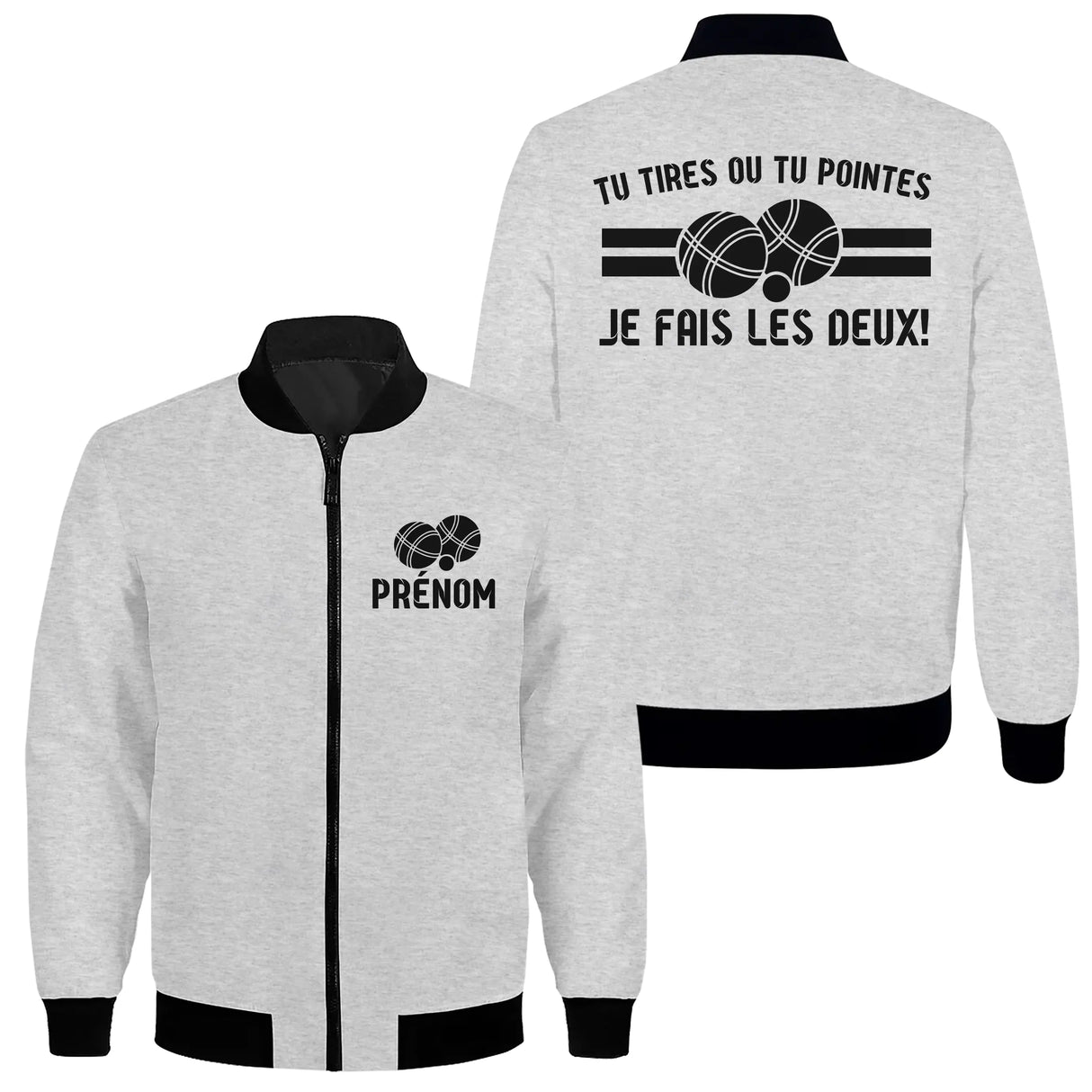 Veste zippée pétanque grise avec slogan dilemme bouliste je fais les deux et boules stylisées