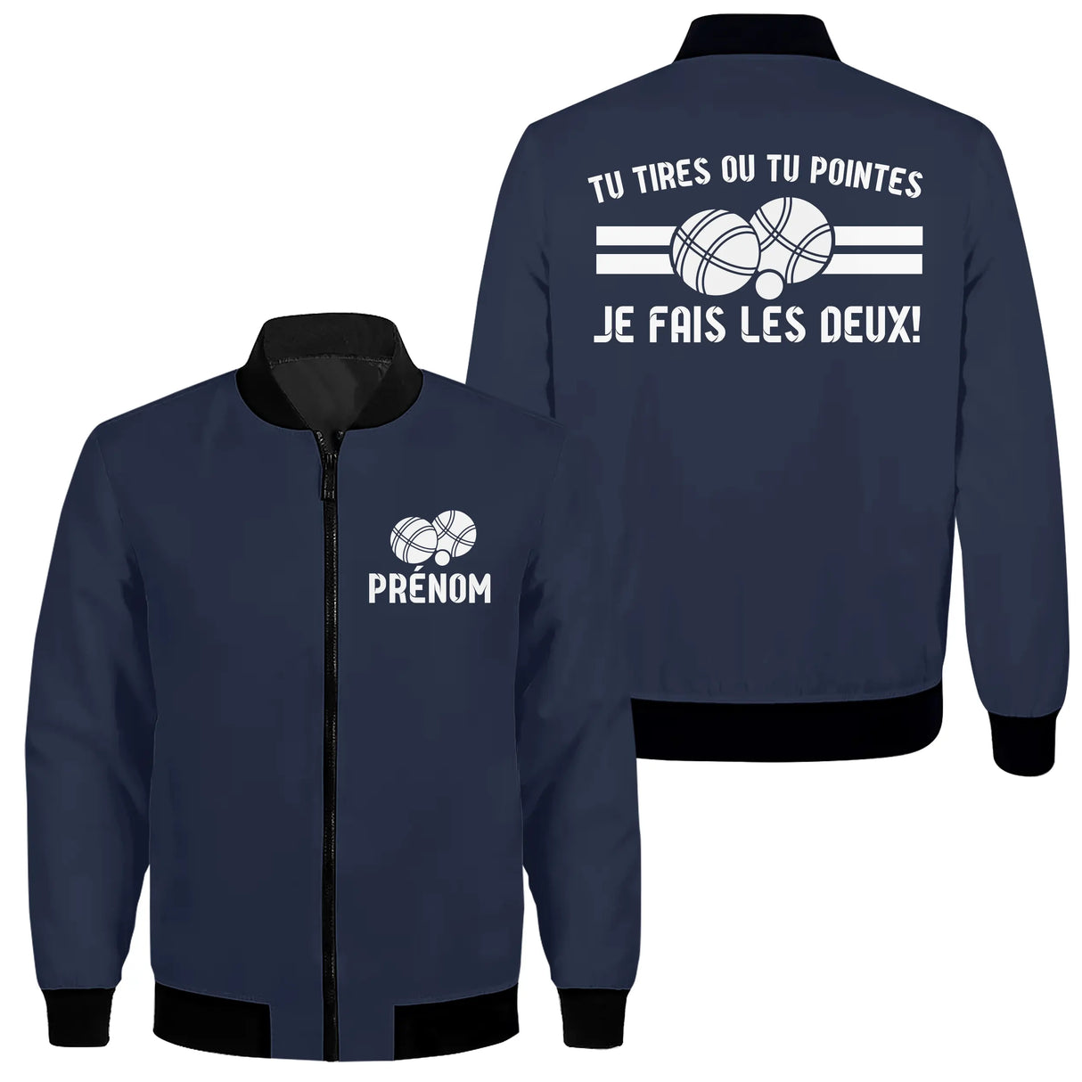 Veste zippée pétanque bleu marine avec slogan dilemme bouliste tireur pointeur typographie blanche