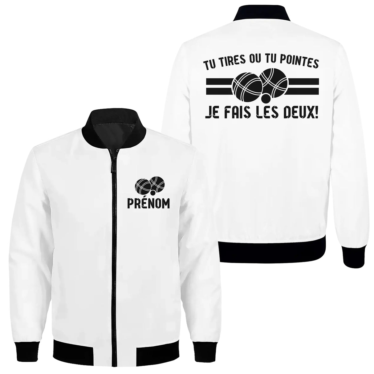 Veste zippée pétanque blanche avec slogan dilemme bouliste typographie noire et boules stylisées