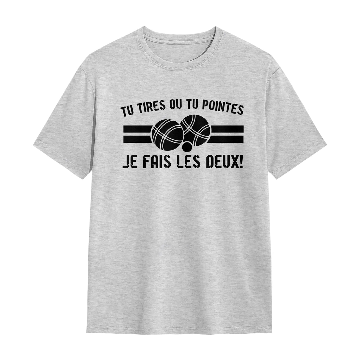 T-shirt pétanque gris avec slogan dilemme bouliste polyvalent et boules stylisées blanches