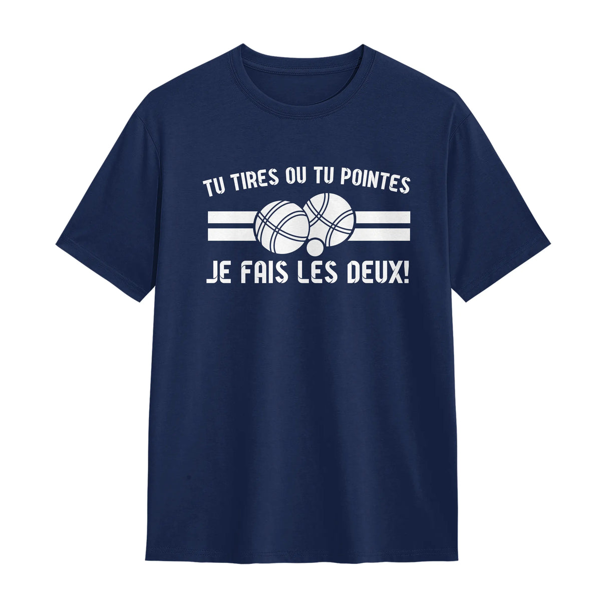 T-shirt pétanque bleu marine avec slogan dilemme bouliste je fais les deux et boules stylisées