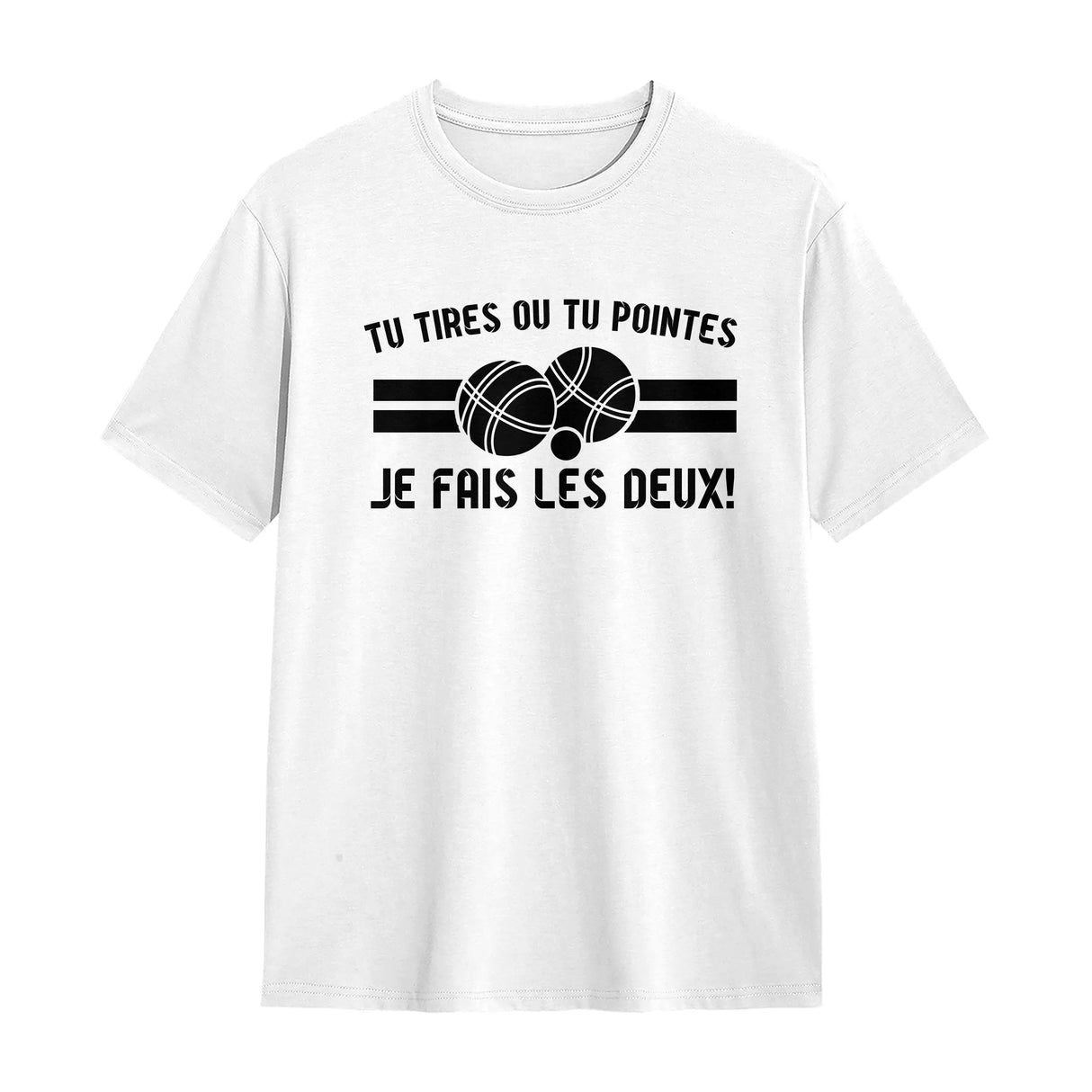 T-shirt pétanque blanc avec slogan dilemme bouliste typographie noire boules et barres graphiques