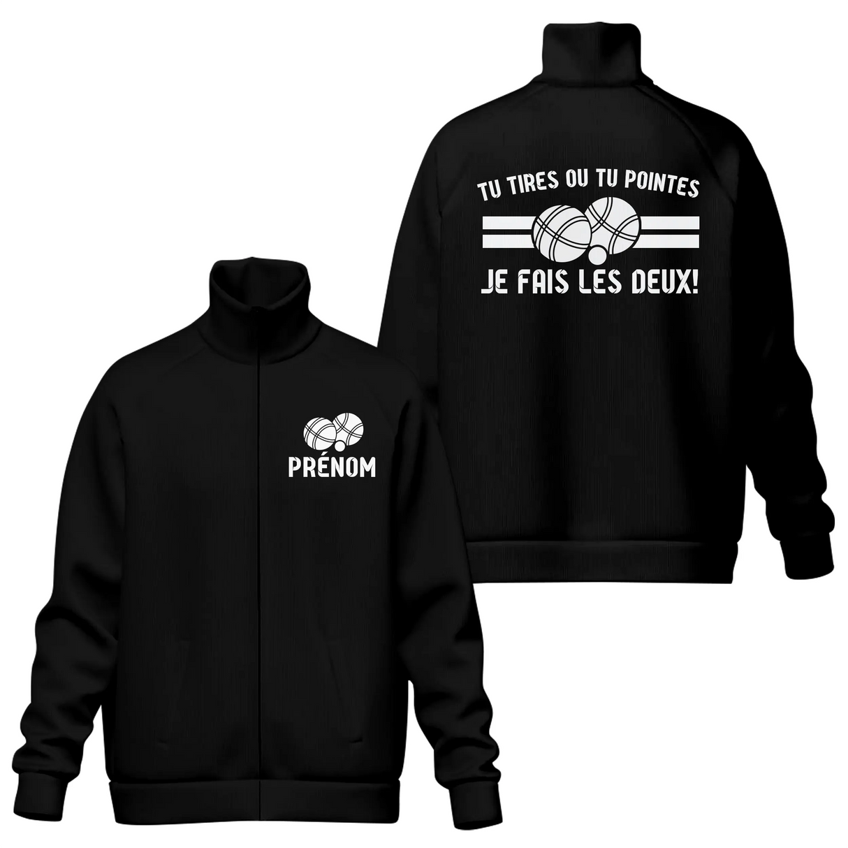 Veste col montant pétanque noire avec slogan dilemme bouliste tireur pointeur typographie blanche