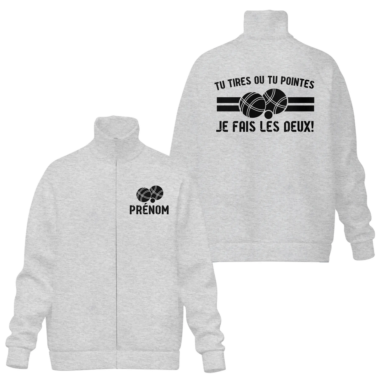 Veste col montant pétanque grise avec slogan dilemme bouliste je fais les deux boules stylisées