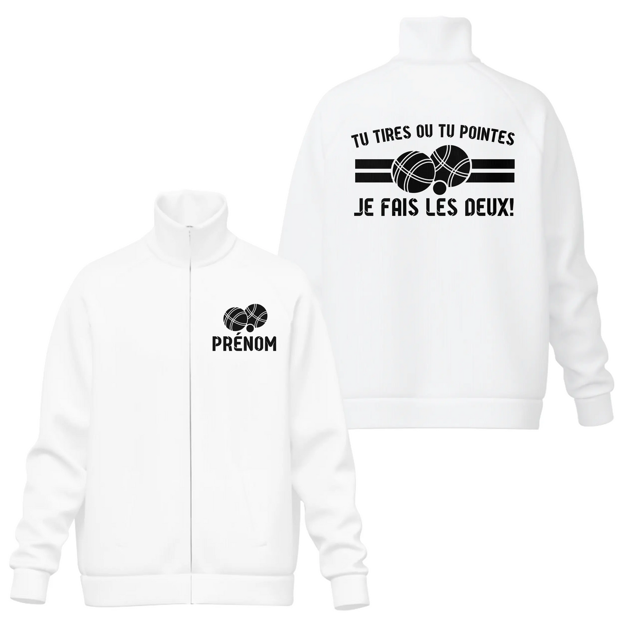 Veste col montant pétanque blanche avec slogan dilemme bouliste typographie noire et boules