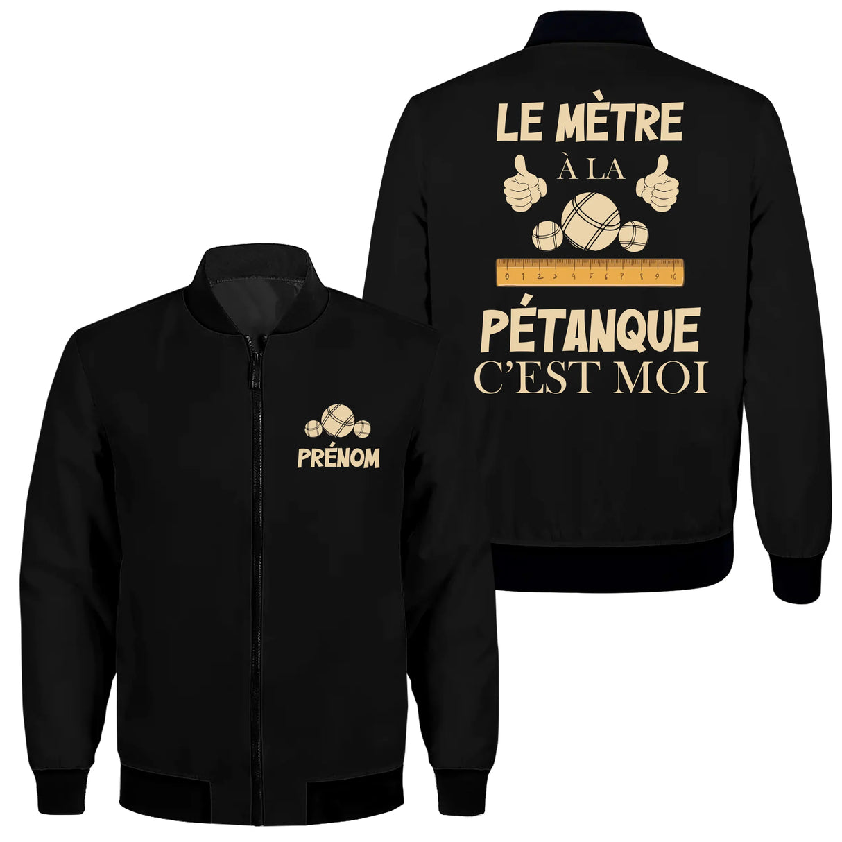 Veste zippée pétanque noire avec slogan Le Mètre c'est Moi typographie beige et boules