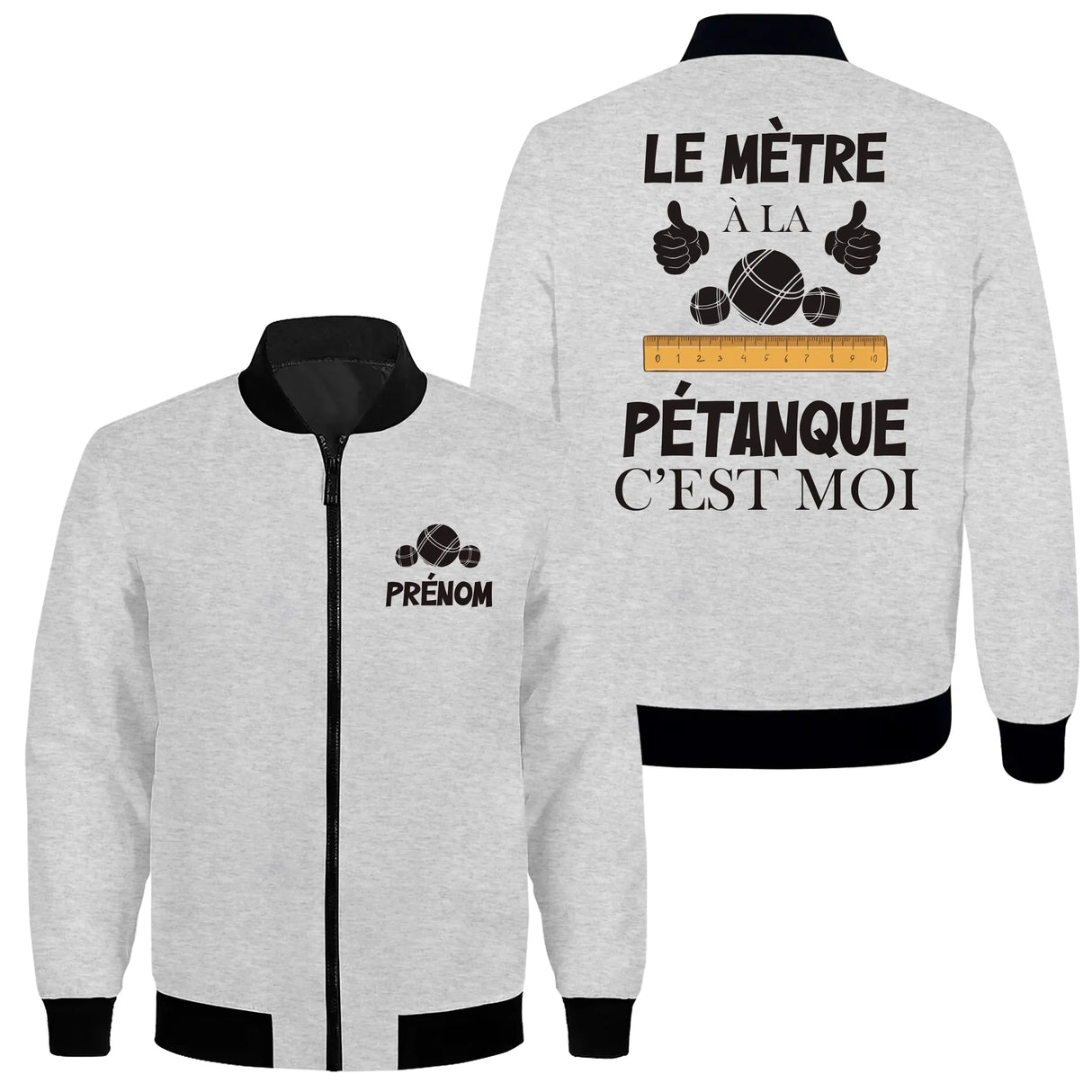 Veste zippée pétanque grise avec slogan Le Mètre à la Pétanque c'est Moi pouces et boules