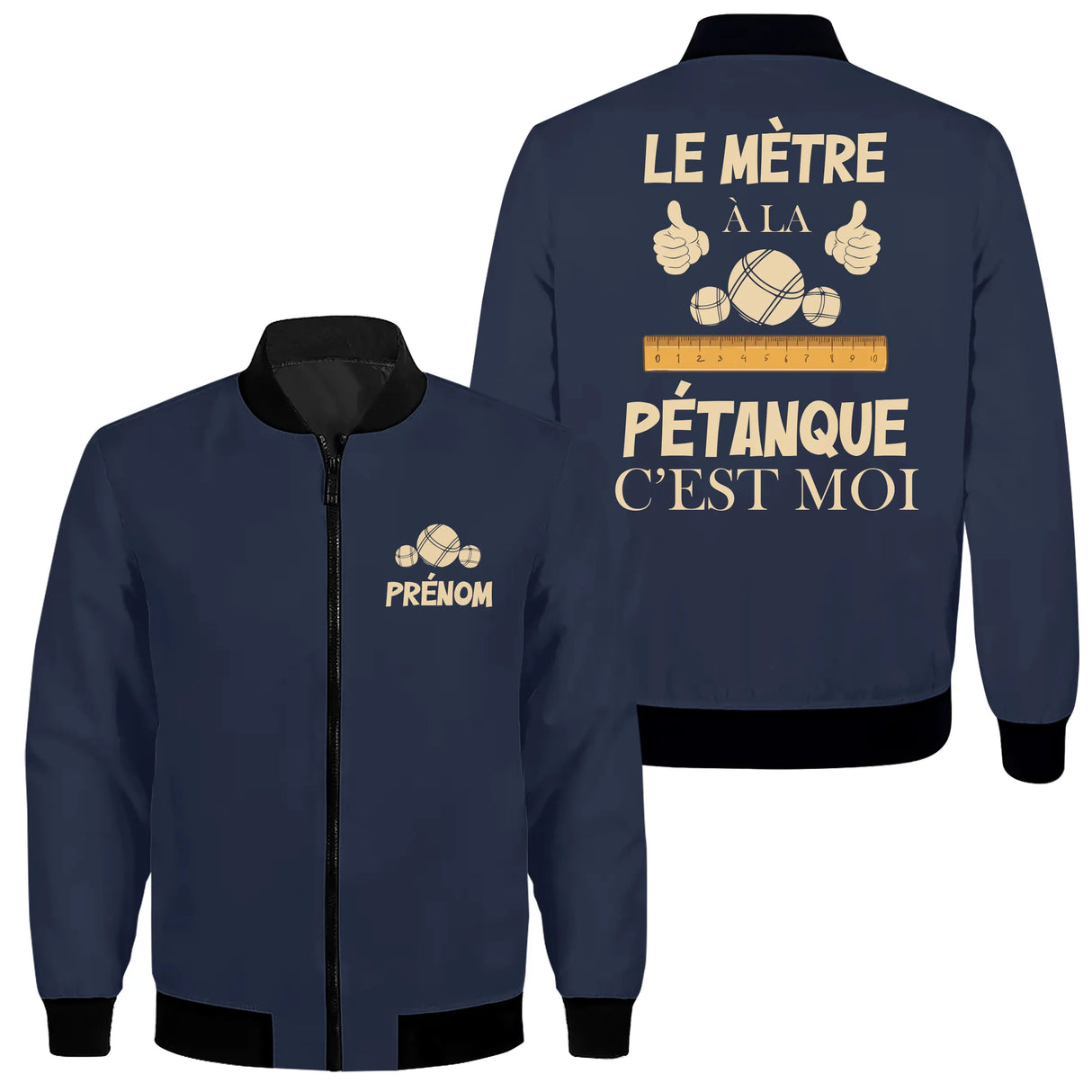 Veste zippée pétanque marine slogan Le Mètre c'est Moi pouces levés mètre déplié et boules