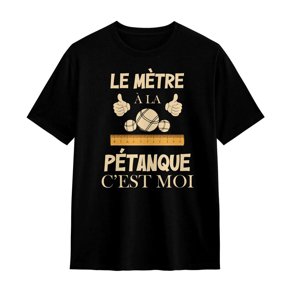 T-shirt pétanque noir avec slogan Le Mètre c'est Moi typographie beige et boules stylisées