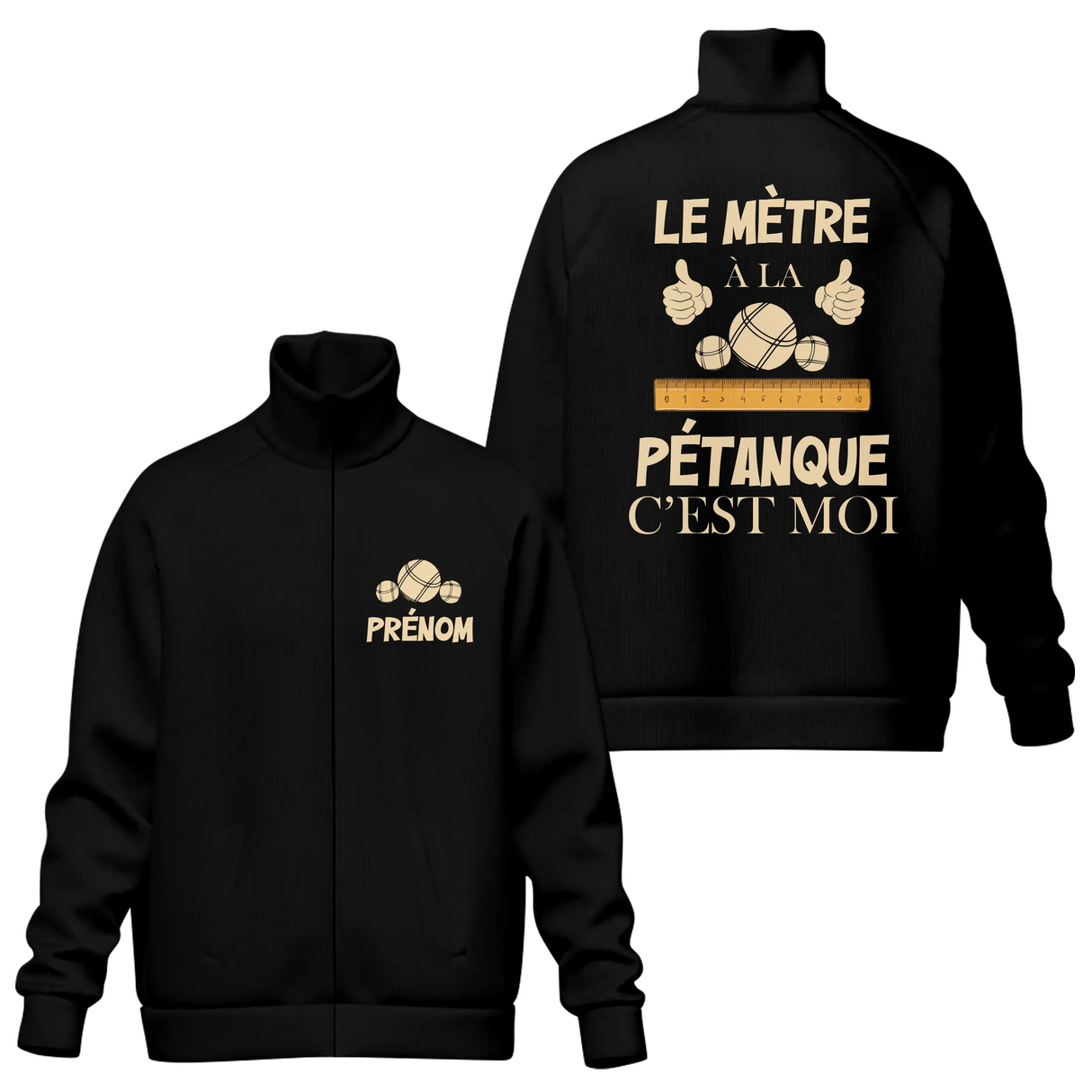 Veste col montant pétanque noire avec slogan Le Mètre à la Pétanque c'est Moi mètre déplié