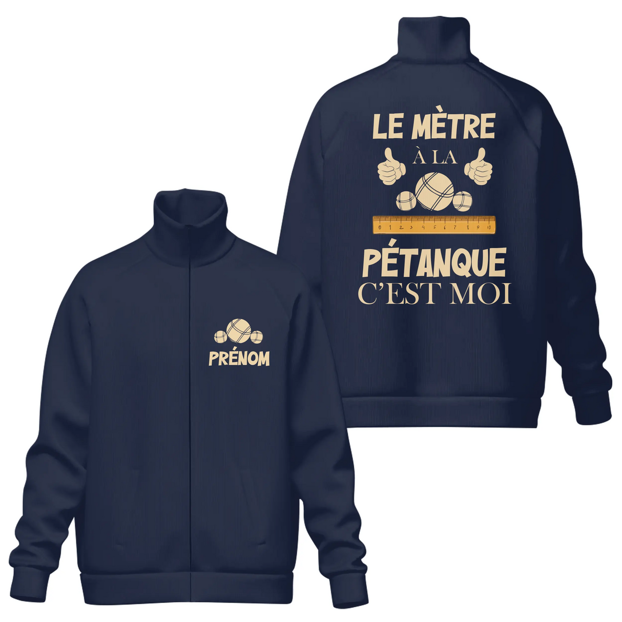 Veste col montant pétanque marine slogan Le Mètre à la Pétanque c'est Moi pouces levés