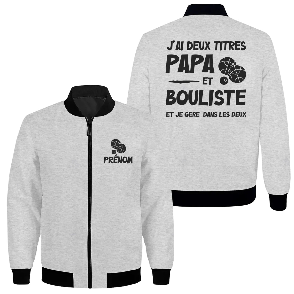 Veste zippée Papa Bouliste grise avec slogan J'ai deux titres et boules stylisées en blanc