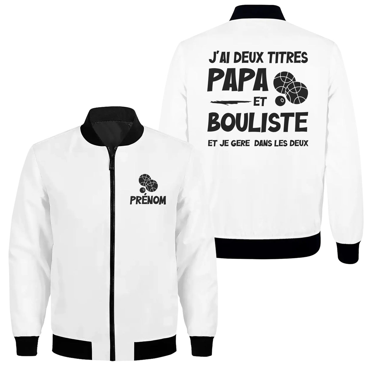 Veste zippée Papa Bouliste blanche avec slogan J'ai deux titres typographie noire et boules