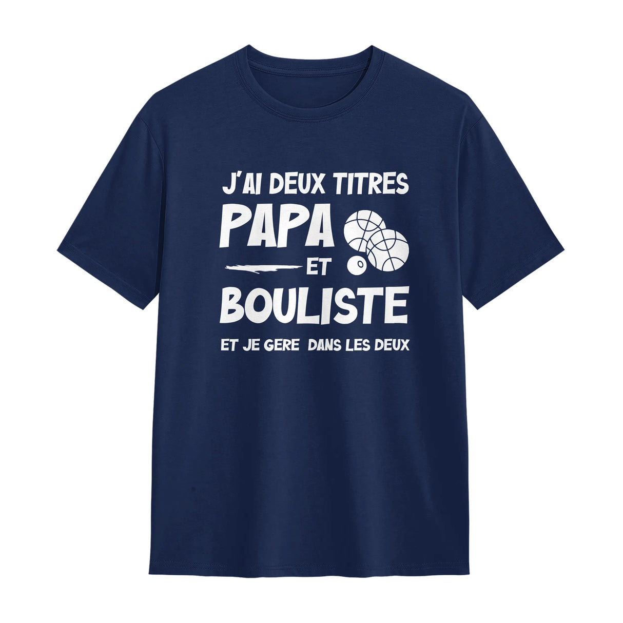 T-shirt Papa Bouliste bleu marine avec slogan deux titres Papa Bouliste typographie blanche