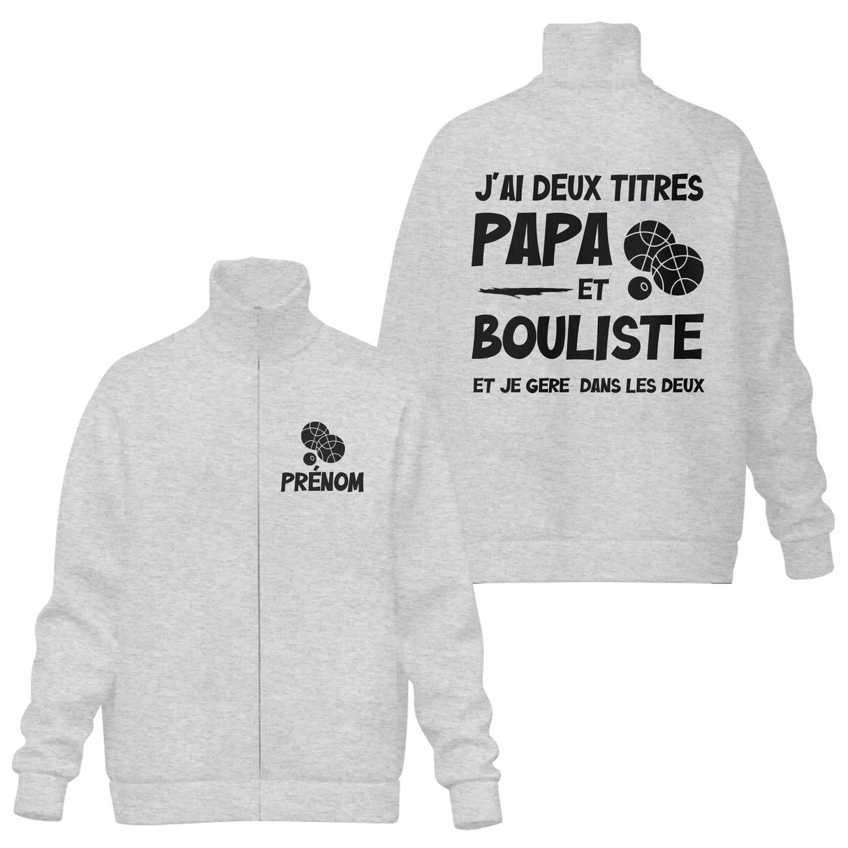 Veste col montant Papa Bouliste grise avec slogan J'ai deux titres et boules stylisées