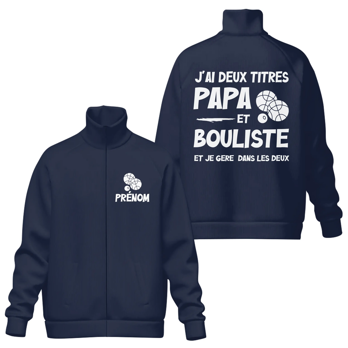 Veste col montant Papa Bouliste bleu marine avec slogan deux titres Papa Bouliste blanc