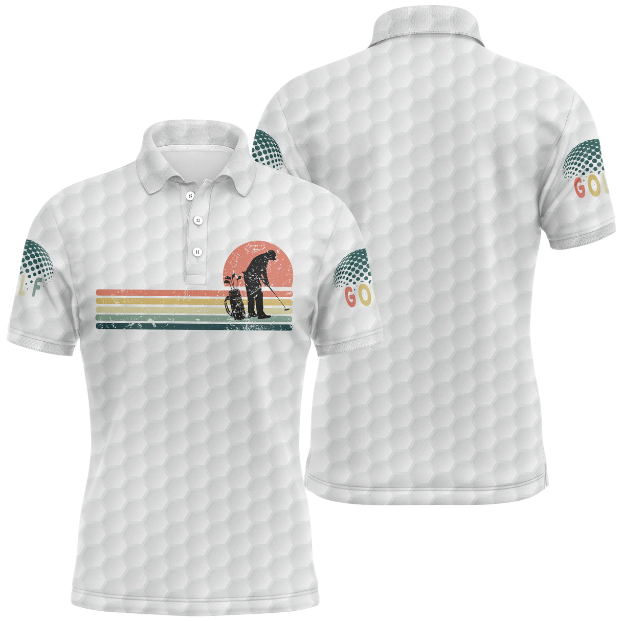 Polo golf blanc homme avec effet balle de golf et silhouette golfeur rétro vintage devant coucher de soleil