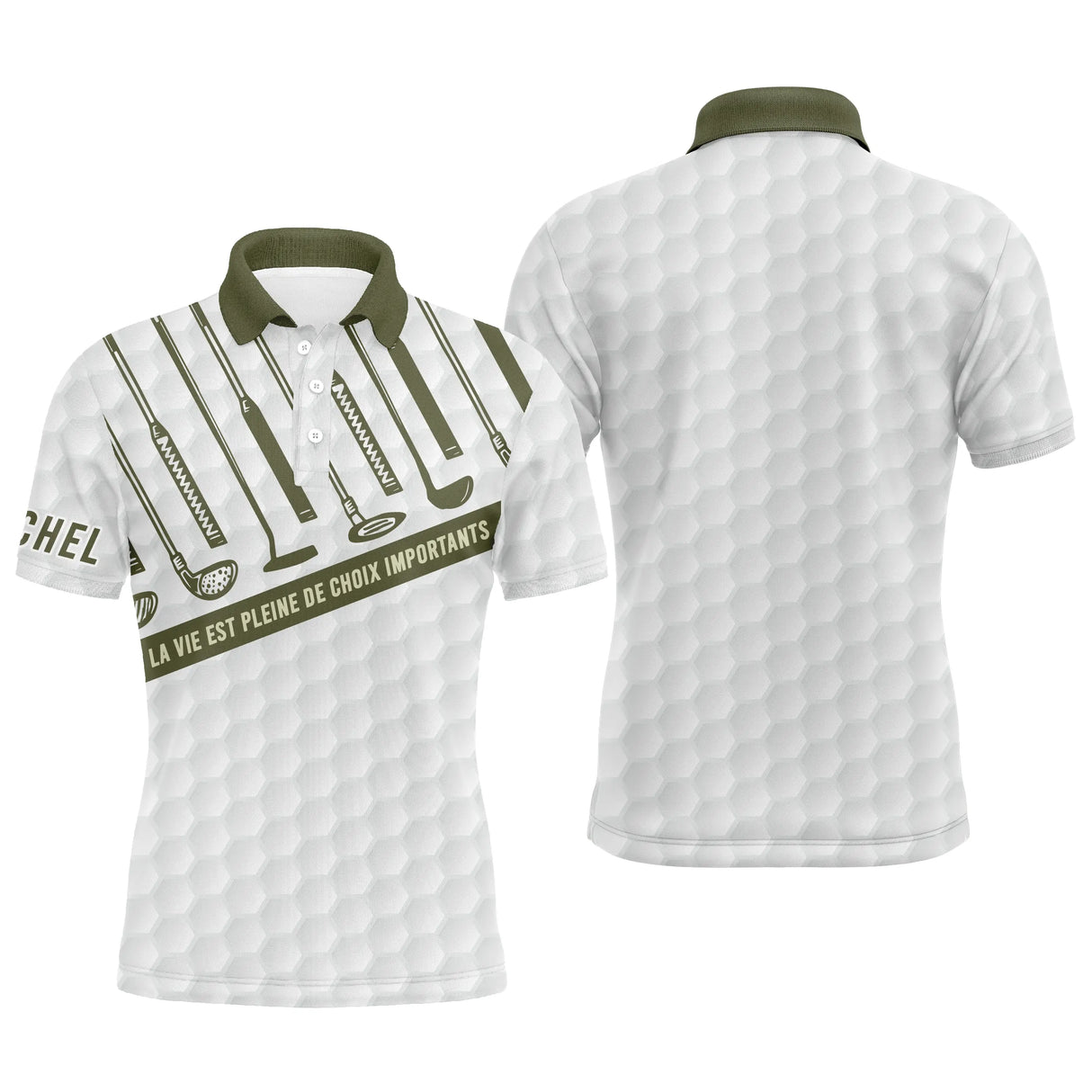 Polo de golf balle alvéolée blanche col vert kaki avec slogan La vie est pleine de choix importants au dos, prénom brodé