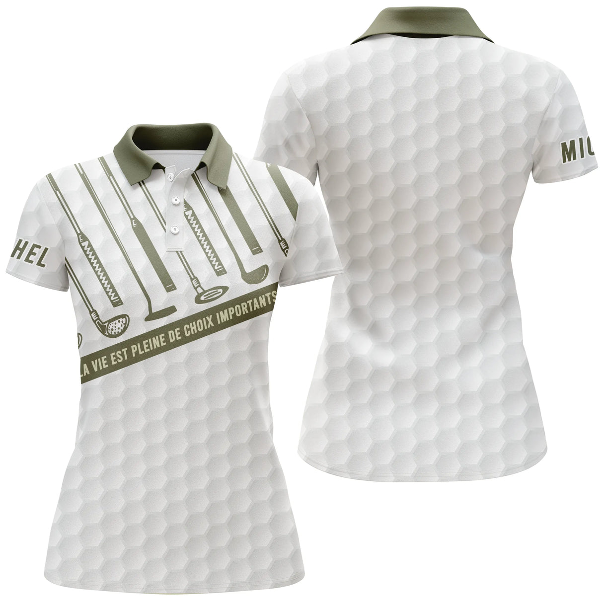 Polo golf balle alvéolée vue de face texture intégrale et col vert, coupe homme et femme personnalisable