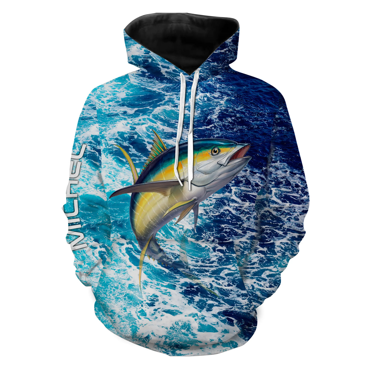 Sweat zippé pêche thon motif océan, prénom brodé manche, vêtement halieutique unisexe