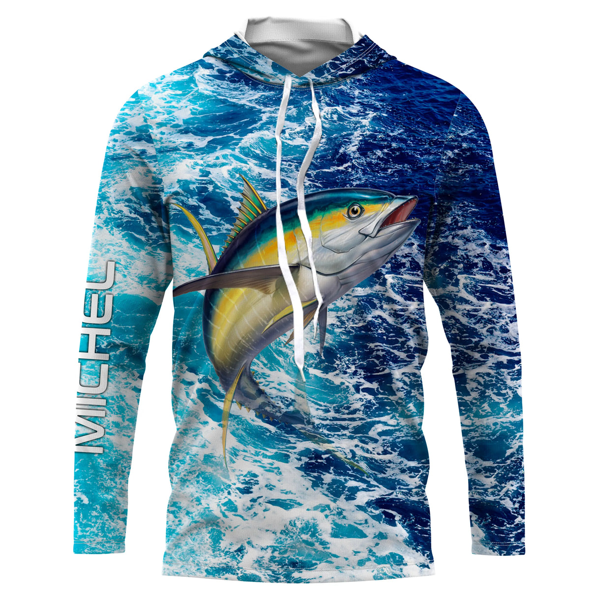 T-shirt anti UV à capuche pêche thon motif océan all-over vagues bleu marine et turquoise, thon argenté sur le côté, prénom