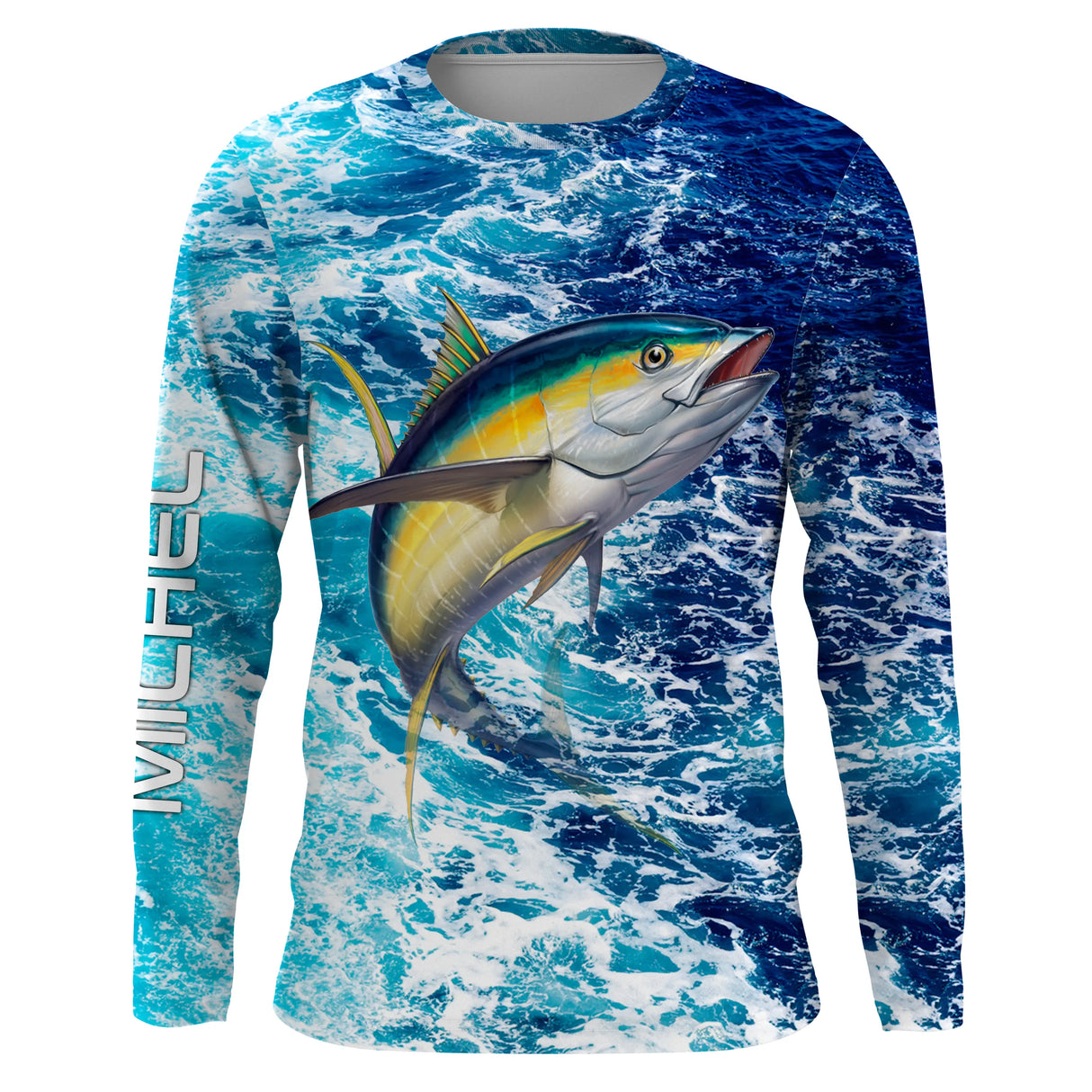 T-shirt anti UV manches longues pêche thon motif vagues, design immersif marin, vêtement halieutique pêcheur en mer