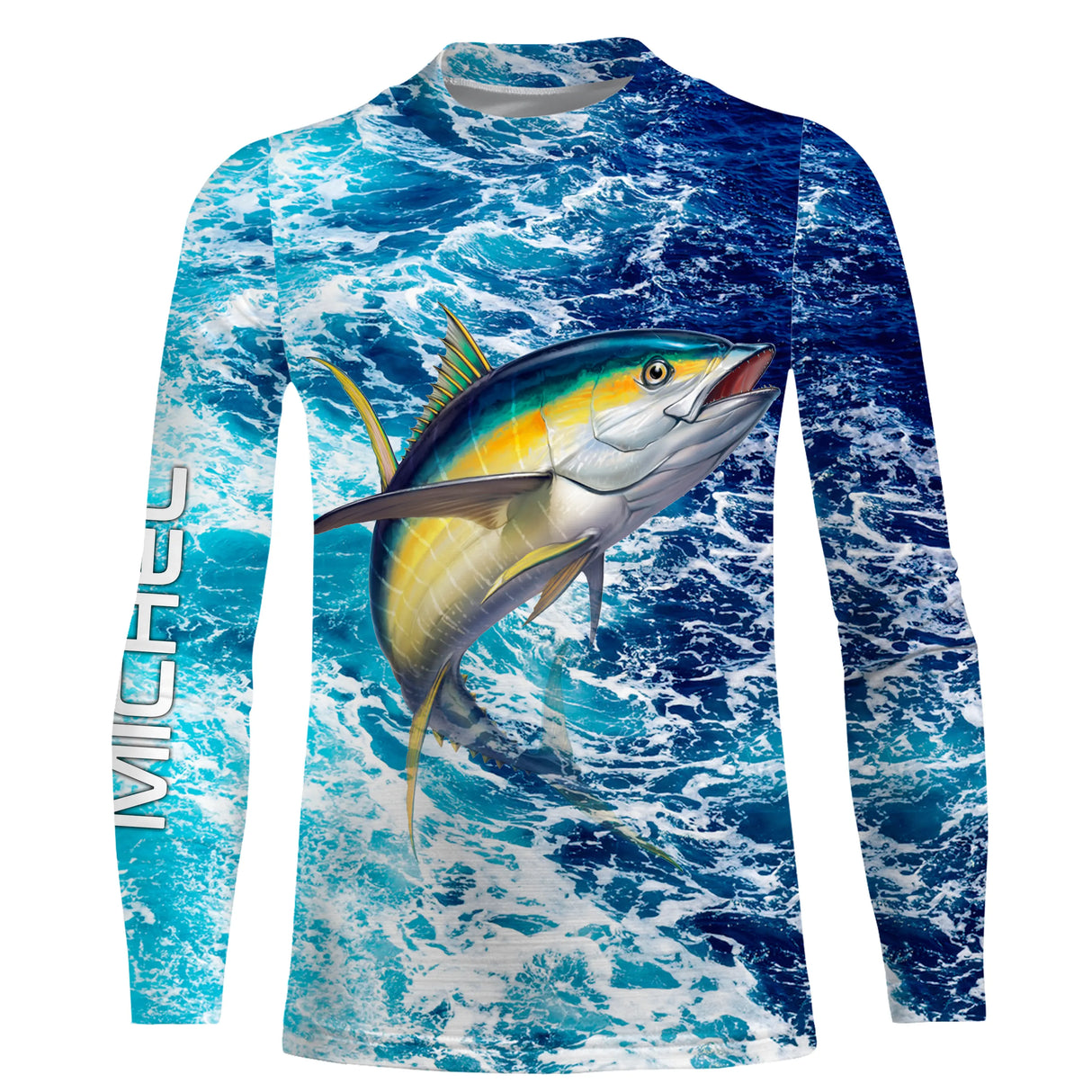 Tee shirt anti UV pêche thon vue dos, motif vagues all-over et thon en saut, vêtement technique pour pêcheur en mer