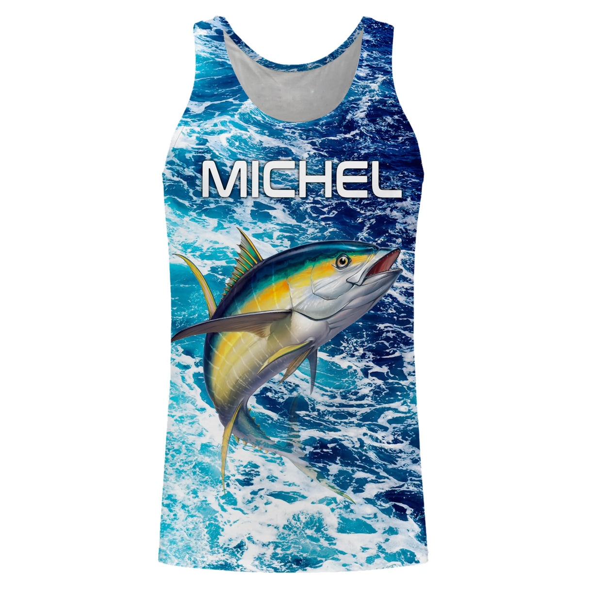 T-shirt halieutique pêche thon motif océan, coupe technique respirante, design vagues immersif, personnalisable prénom