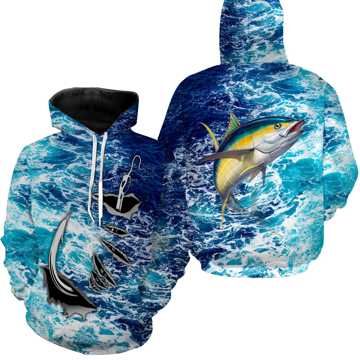 Sweat zippé pêche thon jaune et hameçon, vêtement halieutique unisexe pour pêcheur en mer