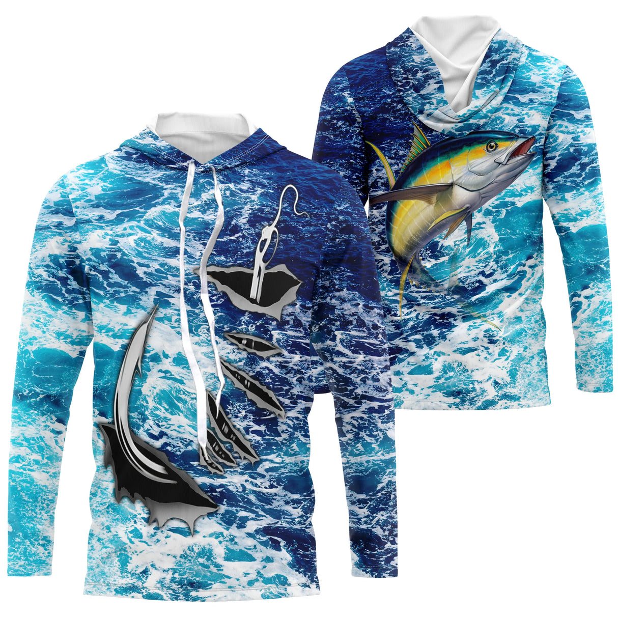 T-shirt anti UV à capuche pêche thon jaune avec deux thons à nageoire jaune et grand hameçon graphique sur fond bleu marine