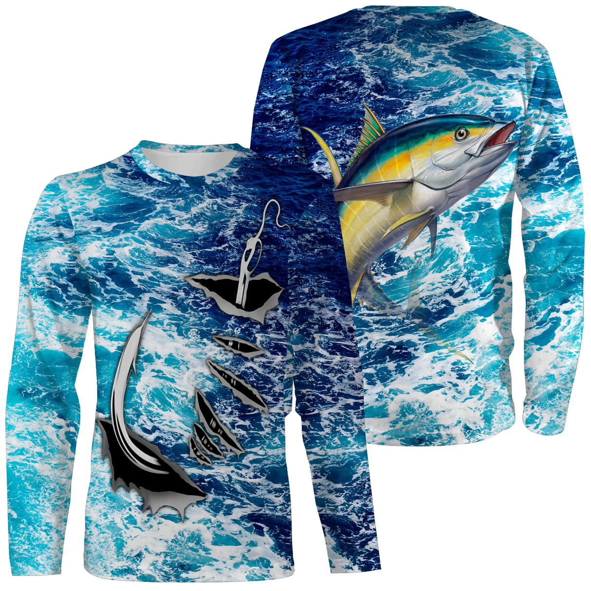 T-shirt manches longues pêche thon jaune et hameçon, design coloré bleu jaune, vêtement halieutique unisexe