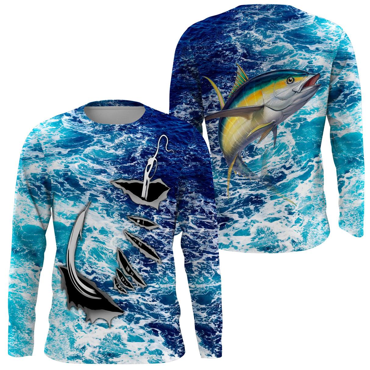 T-shirt anti UV manches longues pêche thon jaune et hameçon, design dynamique bleu marine, vêtement halieutique pêcheur