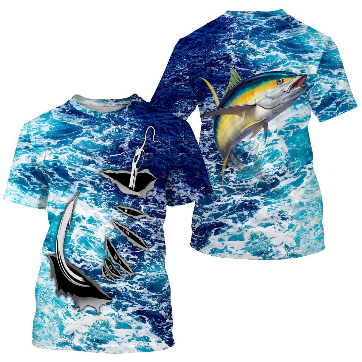 T-shirt manches courtes pêche thon jaune, hameçon stylisé et thons en action, accessoire halieutique pour pêcheur