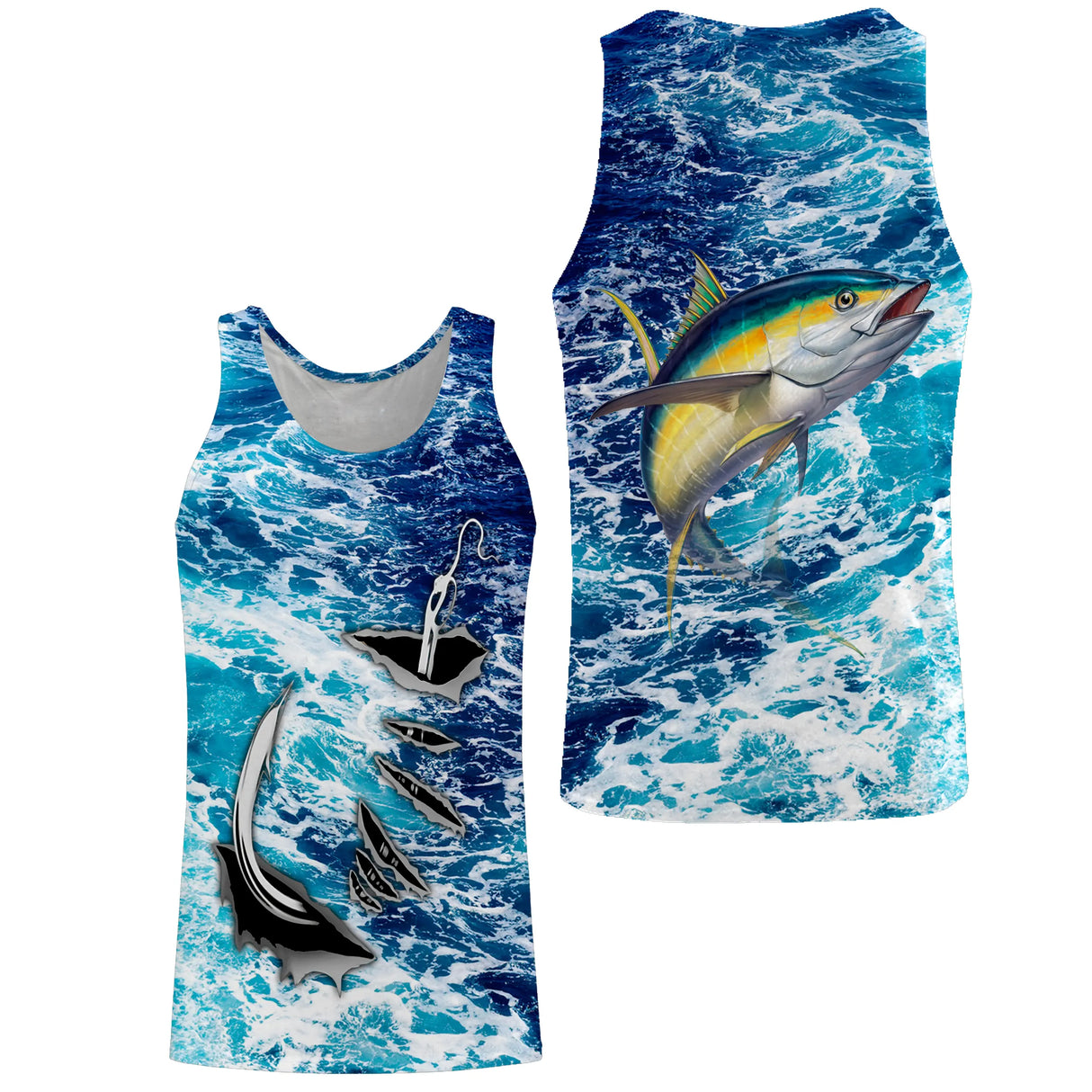 T-shirt halieutique pêche thon jaune & hameçons, coupe technique respirante, design vagues bleu marine