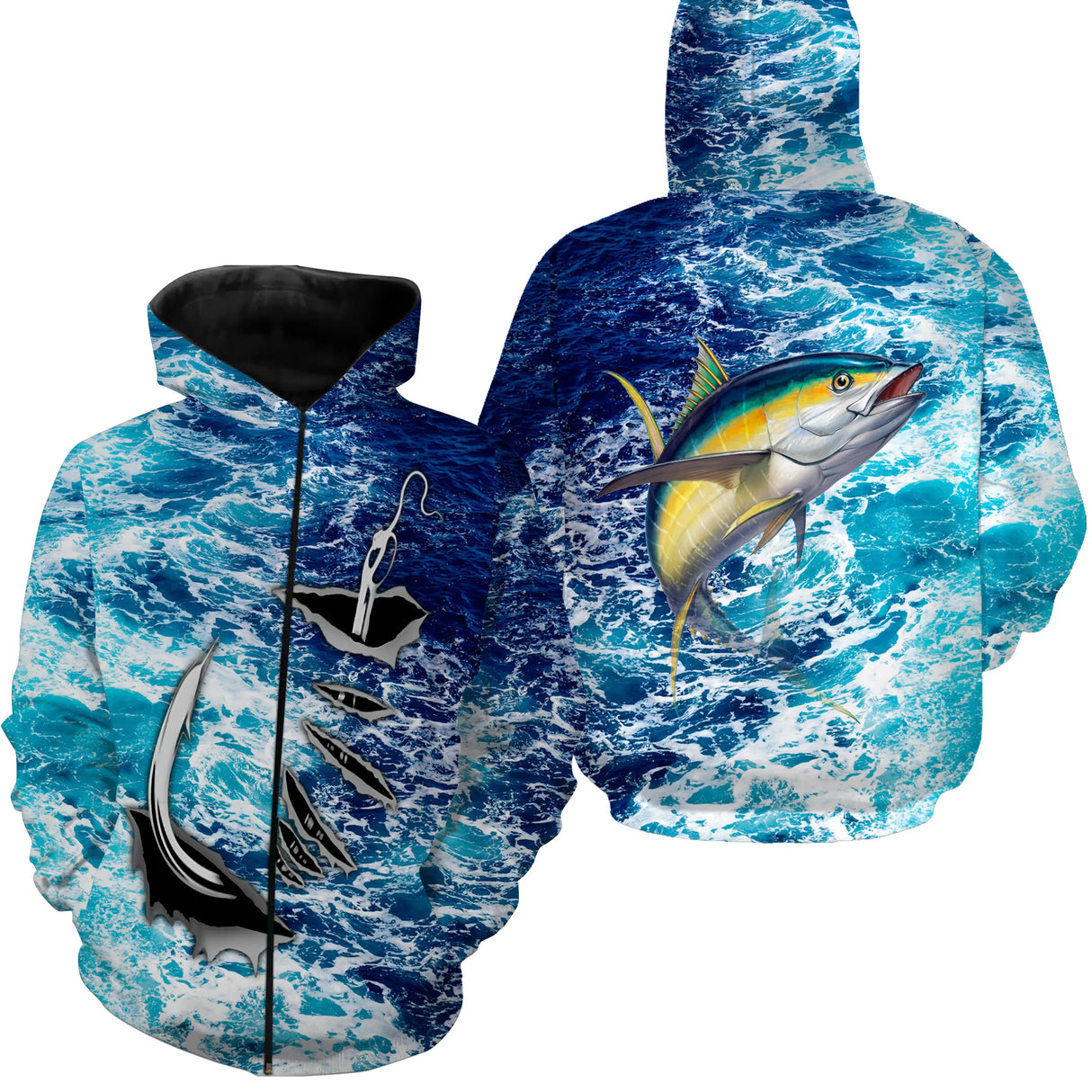 Polo zippé manches longues pêche thon jaune & hameçons, tenue technique pour skipper et guide pêche