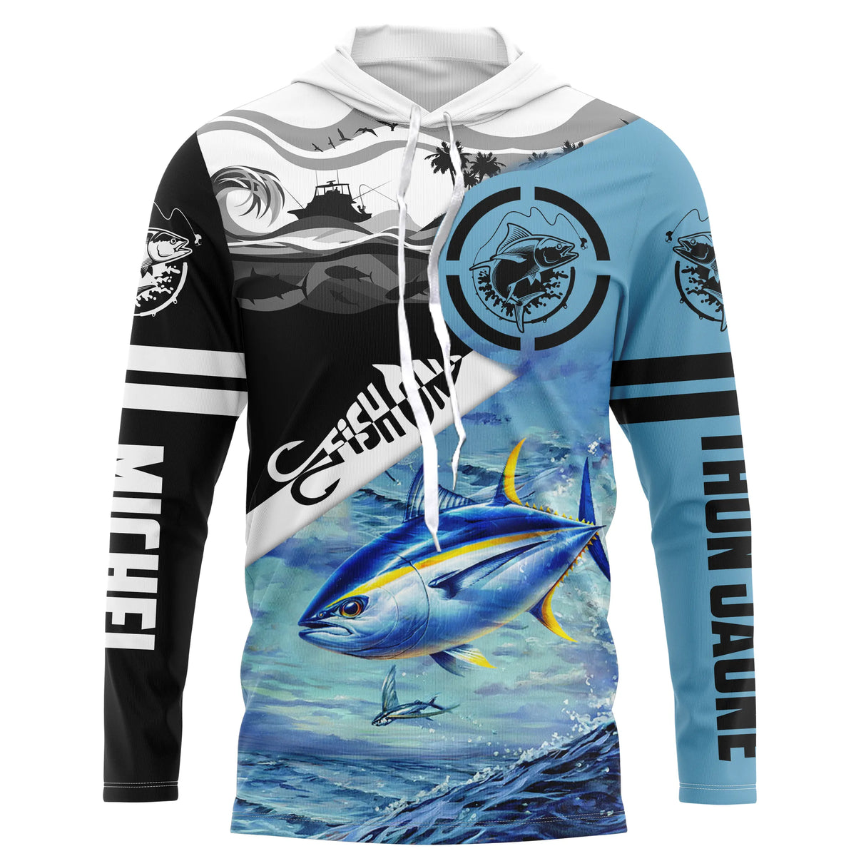 T-shirt anti UV à capuche pêche thon jaune Fish On Tahiti, moitié noire avec palmier et moitié turquoise avec thon, prénom