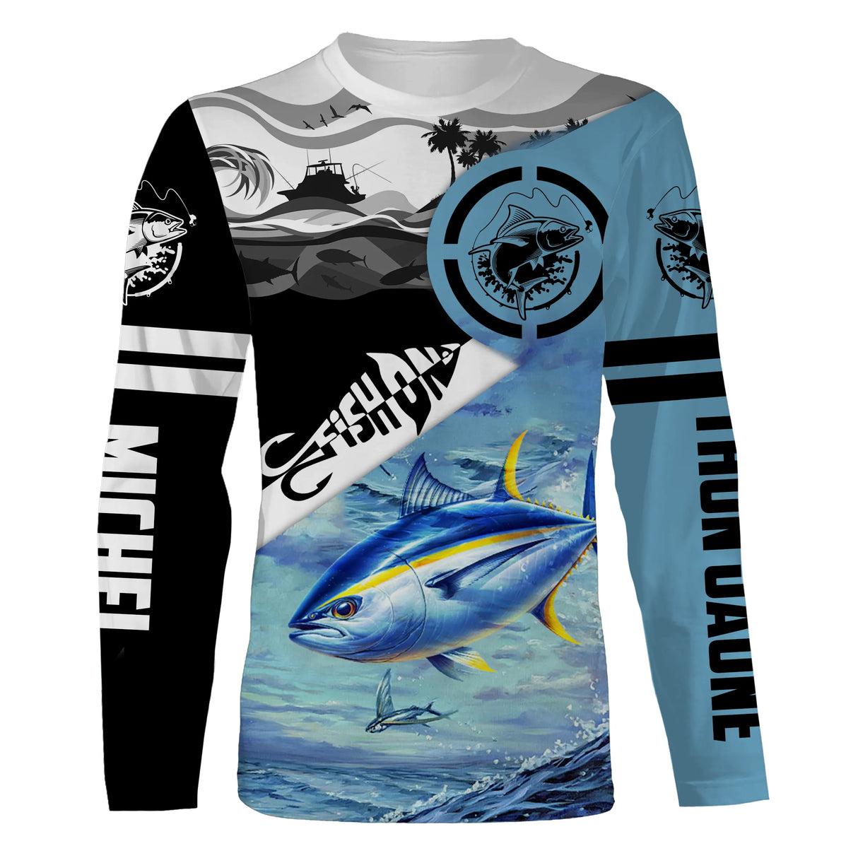 T-shirt manches longues pêche thon jaune Fish On, prénom brodé manche, vêtement halieutique unisexe