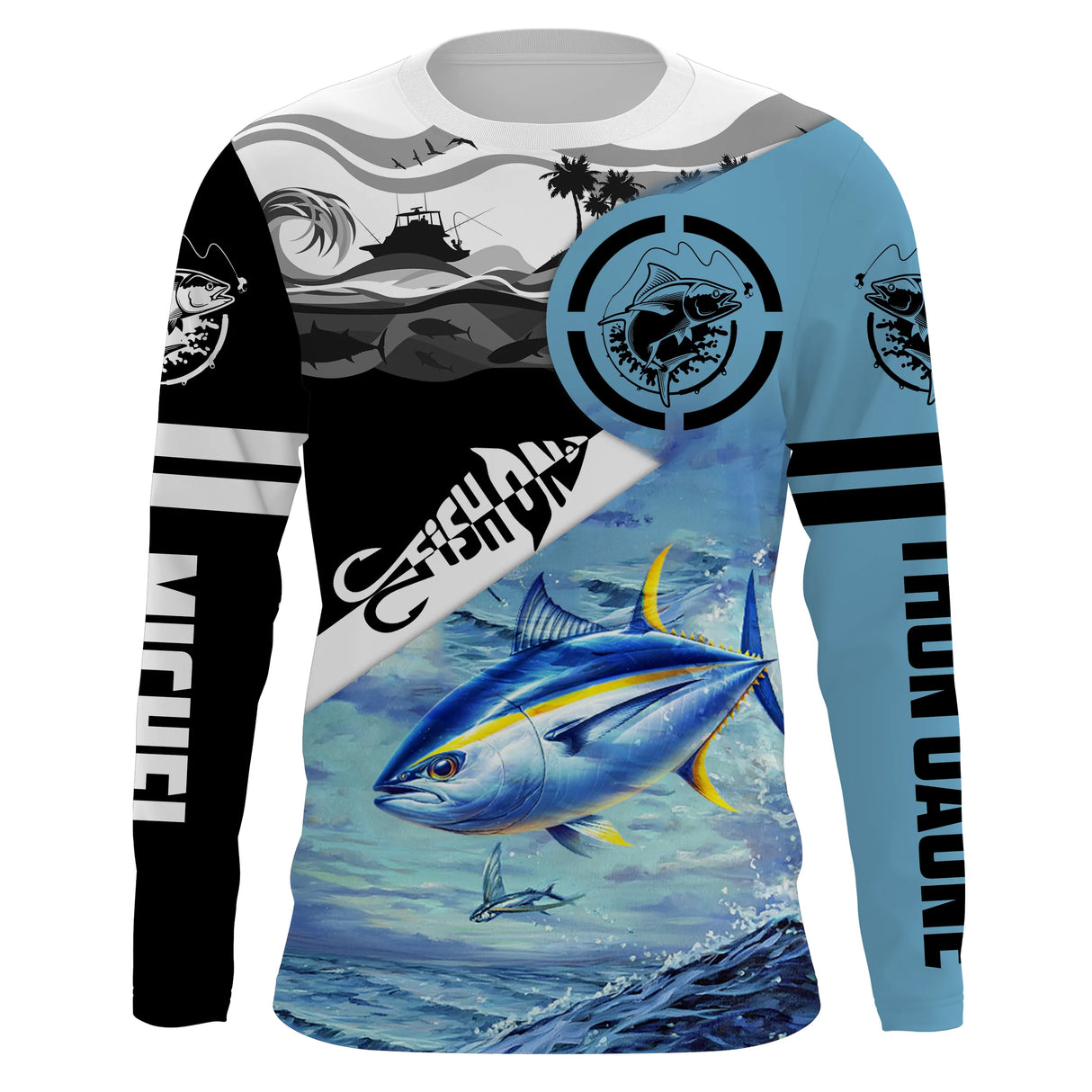 T-shirt anti UV manches longues pêche thon Fish On, design bicolore noir turquoise, vêtement halieutique pour pêcheur