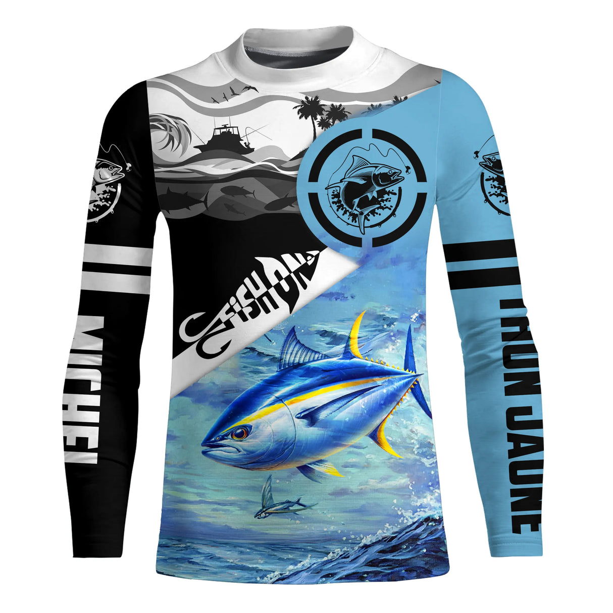 Tee shirt anti UV pêche thon Fish On vue dos, motif bicolore Tahiti, vêtement technique pour pêcheur big game