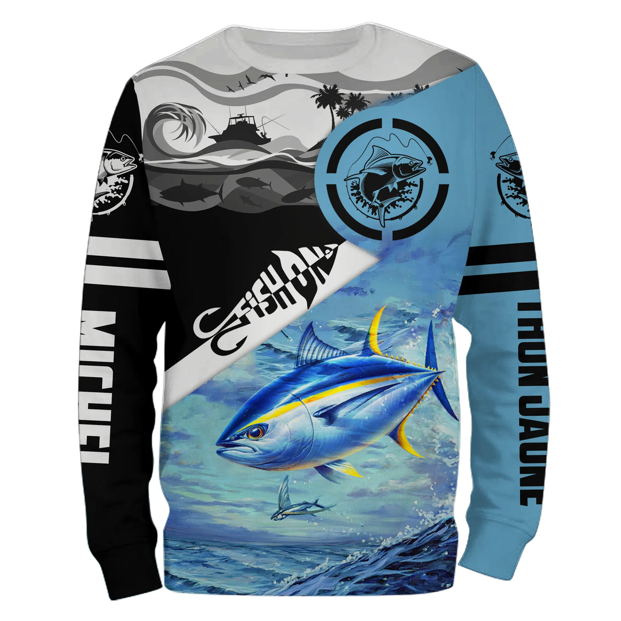 Sweat à capuche pêche thon Fish On Tahiti, design bicolore palmier et thon, vêtement chaud pêcheur au gros