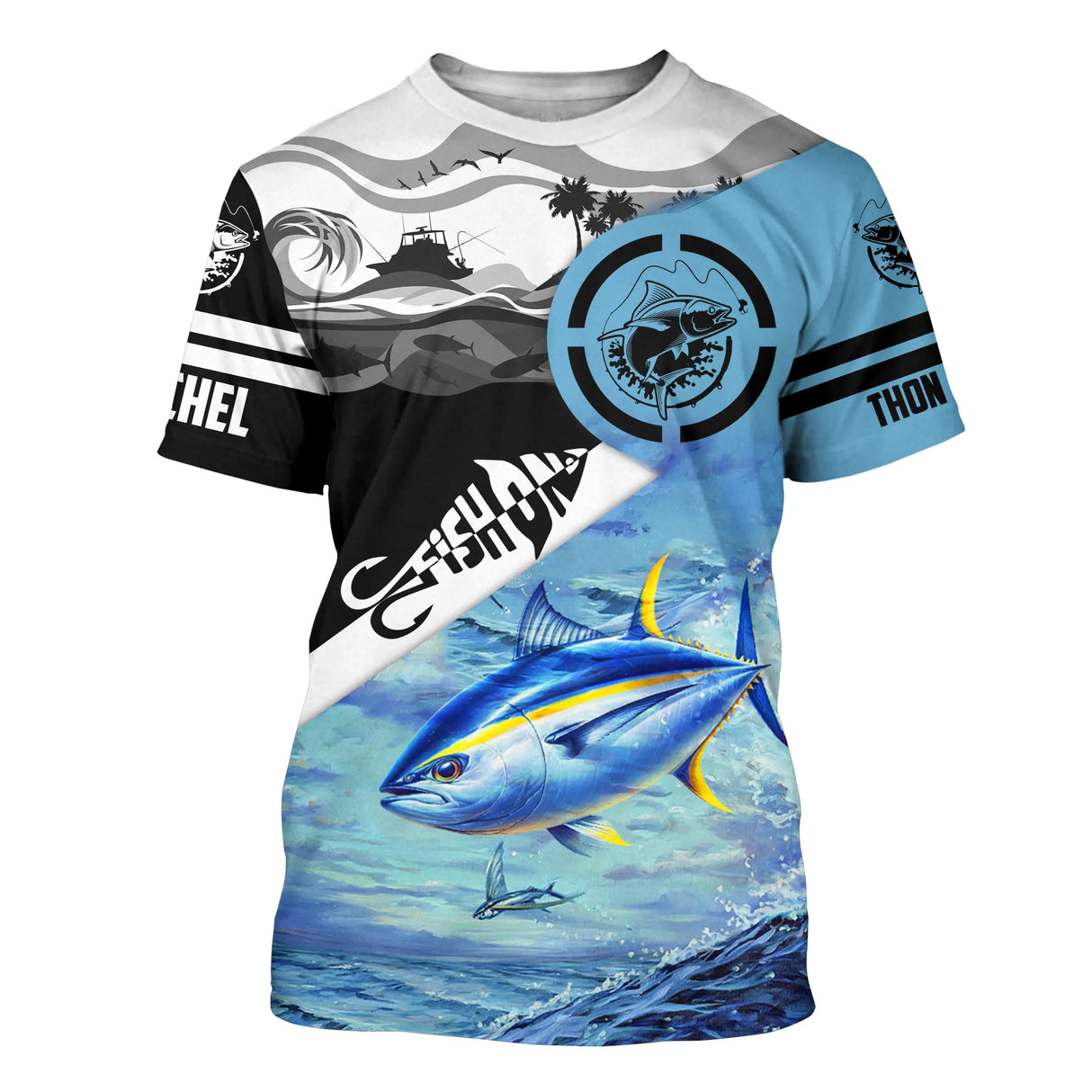 T-shirt manches courtes pêche thon Tahiti, design moitié noire palmier et moitié turquoise thon, accessoire personnalisable
