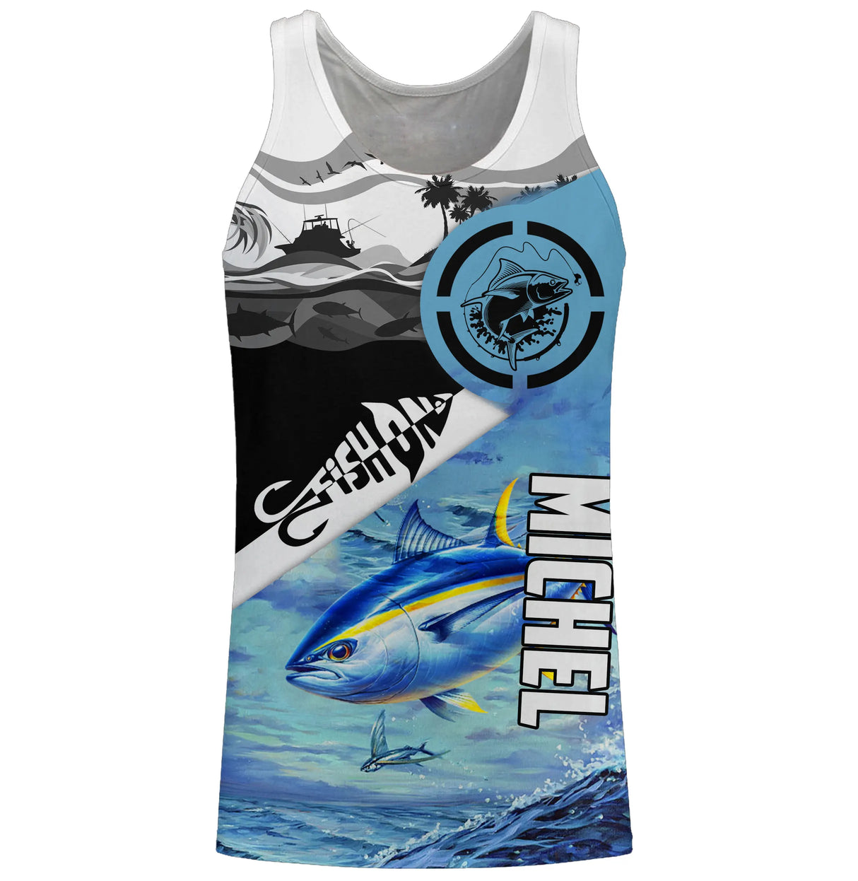 T-shirt halieutique pêche thon Fish On Tahiti, coupe technique respirante, design audacieux, personnalisable prénom