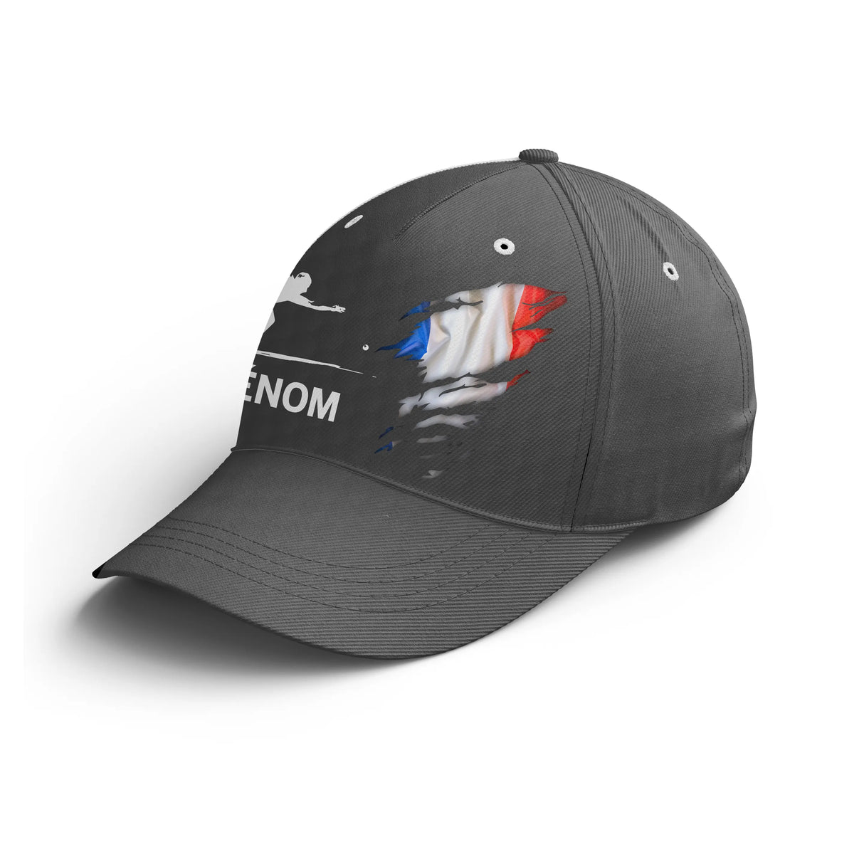 Casquette pétanque noire tricolore drapeau france joueur stylisé prénom broderie côté bouliste personnalisée