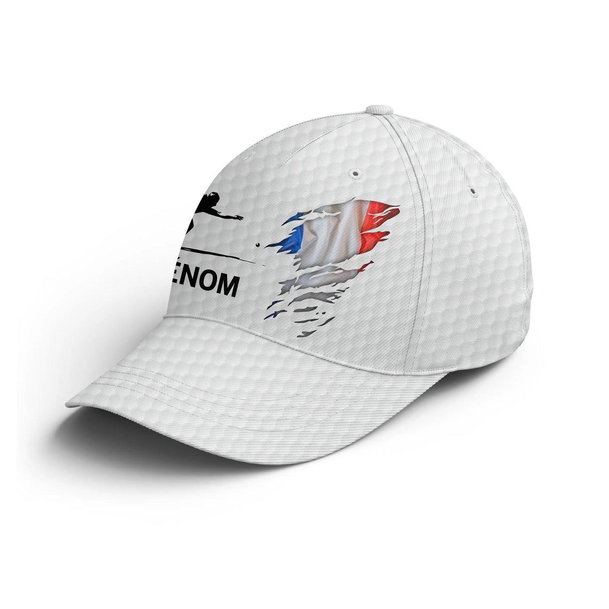Casquette pétanque blanche tricolore drapeau france joueur stylisé prénom côté broderie bouliste personnalisée