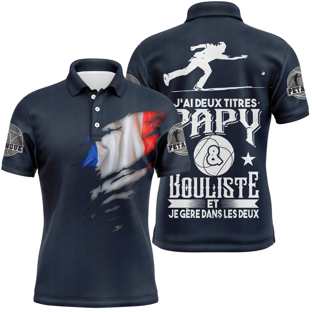 Polo pétanque manches longues unisexe blanc papy bouliste, design tricolore pour grand-père