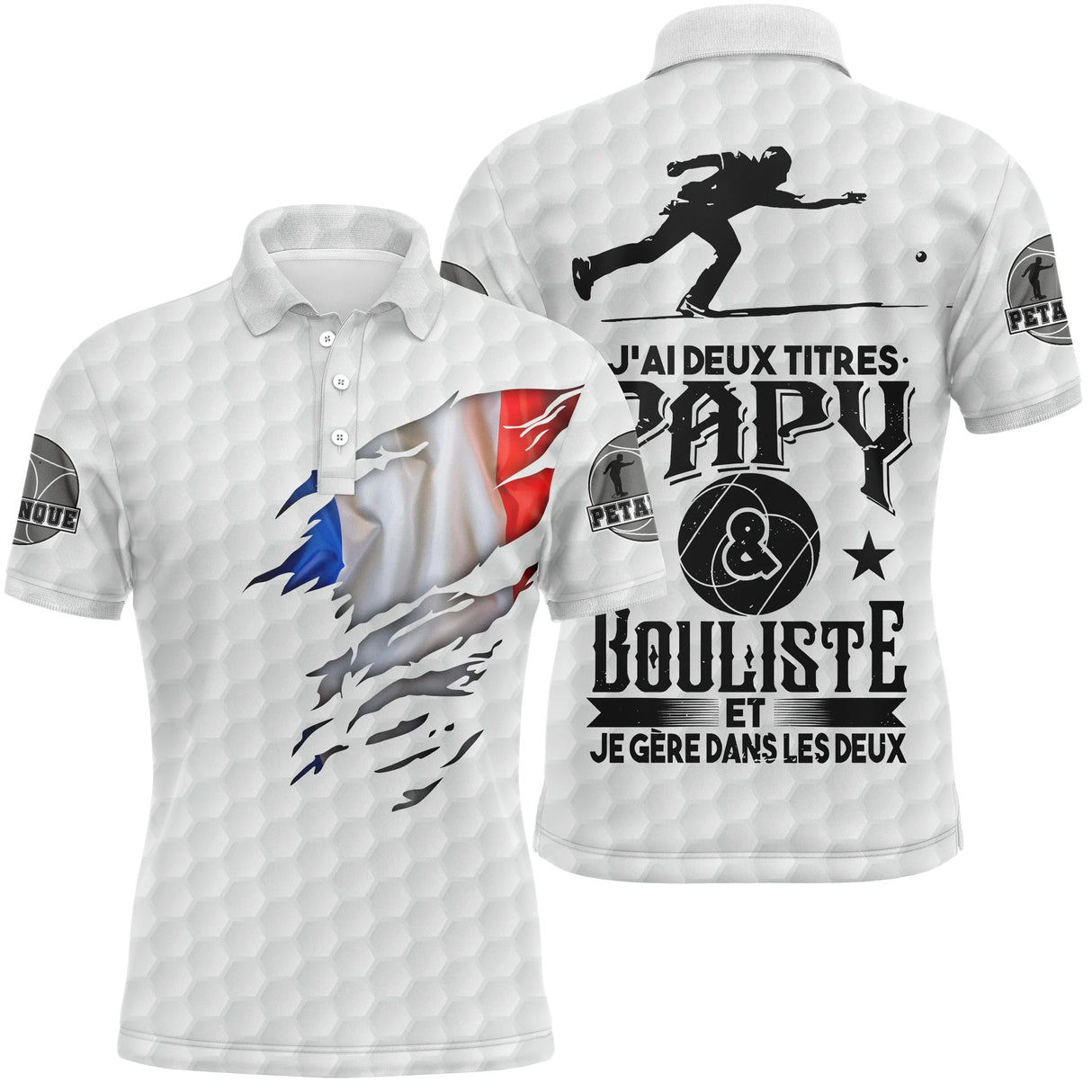 Polo papy pétanque blanc tricolore avec drapeau France et silhouette bouliste, lettrage Deux titres Papy Bouliste